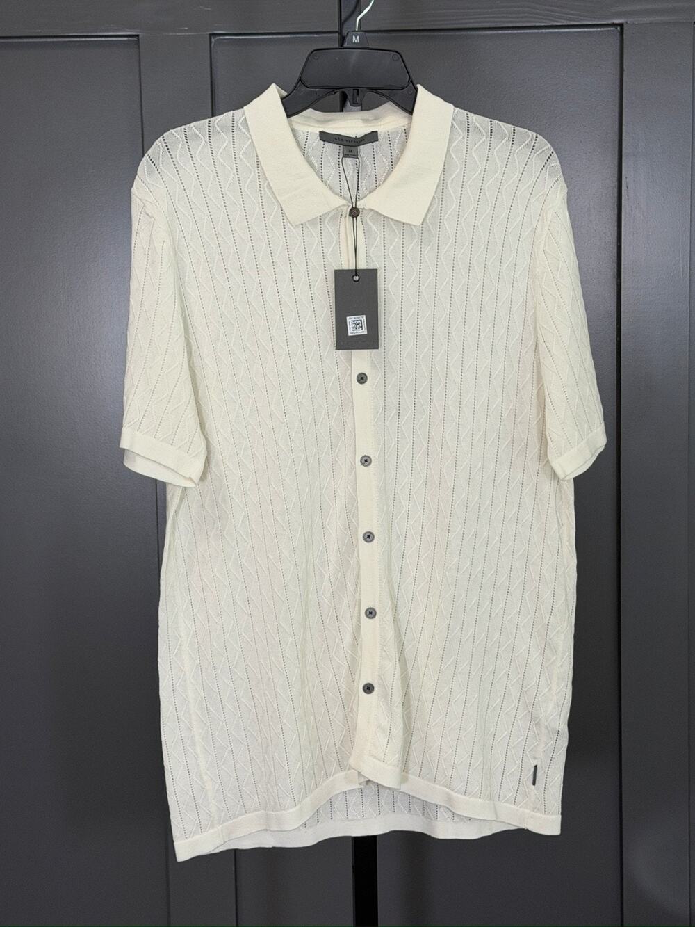 John Varvatos White Diamond Knit Polo SS Button-Up, Size M, $268 MSRP